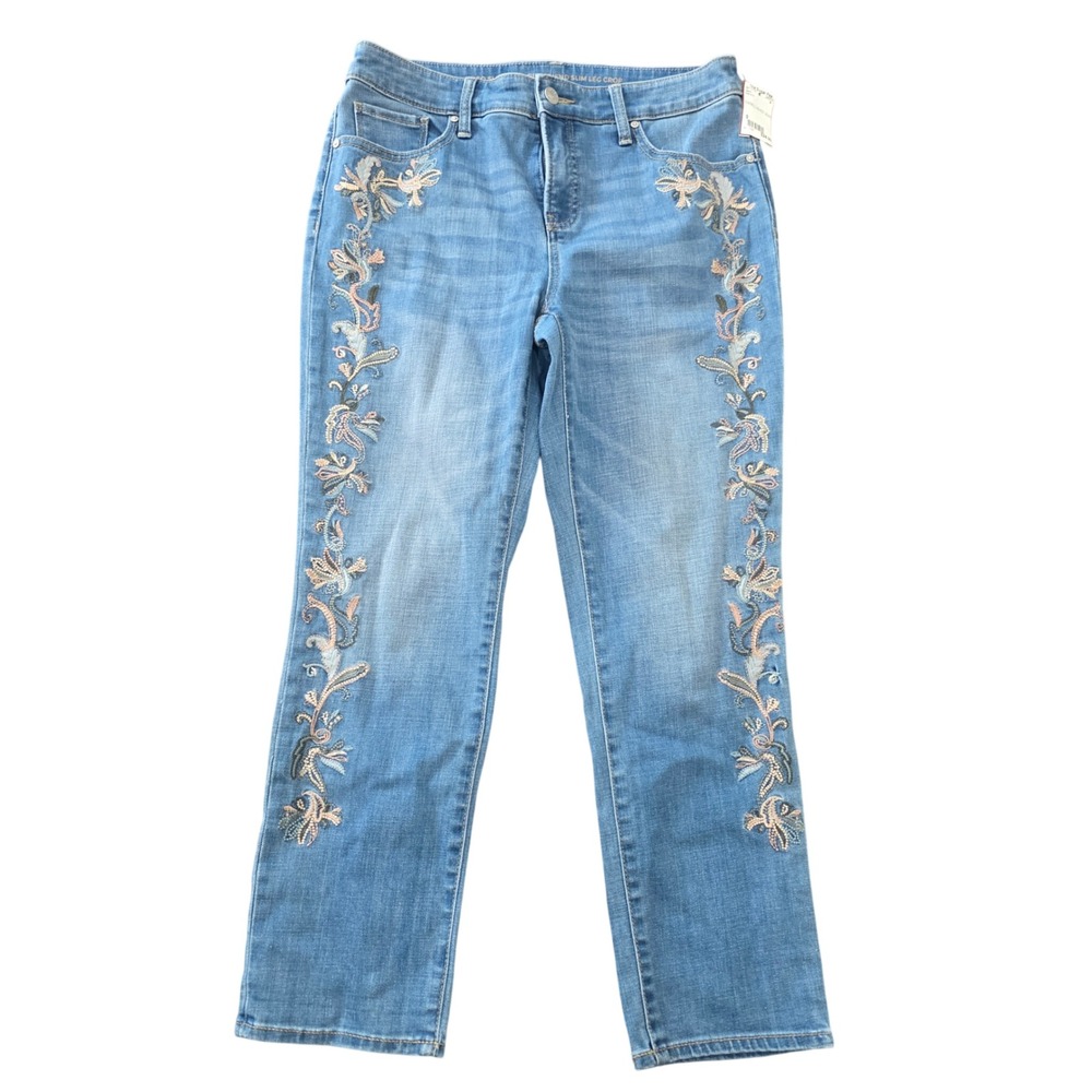 Chicos So Slimming Girlfriend Slim Leg Crop Jeans Floral Embroidered Blue 0